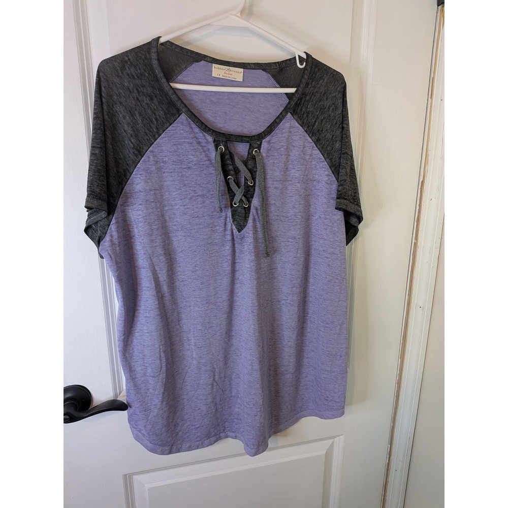 Bobbie Brooks Womens 1X Purple Grey Raglan Lace Up V-Neck‎ Baseball Tee Shirt